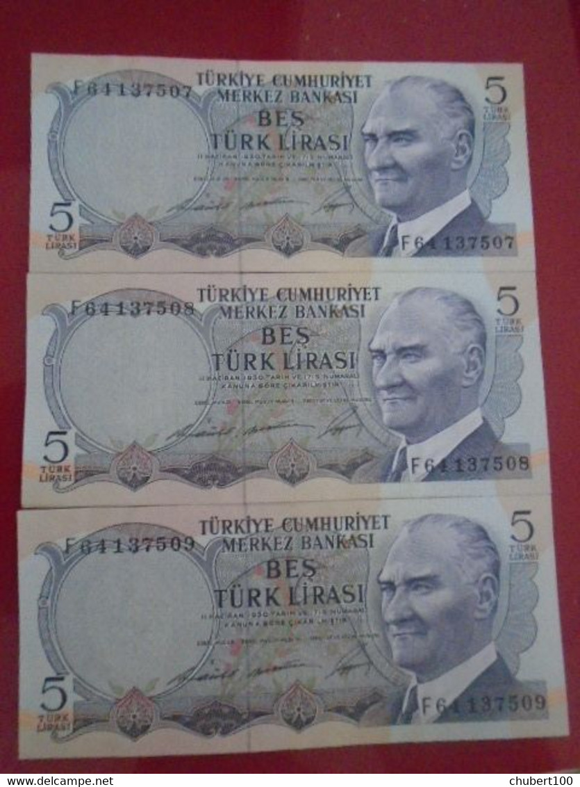 TURKEY , P 179 + 185 , 5 Lira , L 1930 + L 1970  ,  UNC Neuf , 4 Notes + 1 EF - Turkey