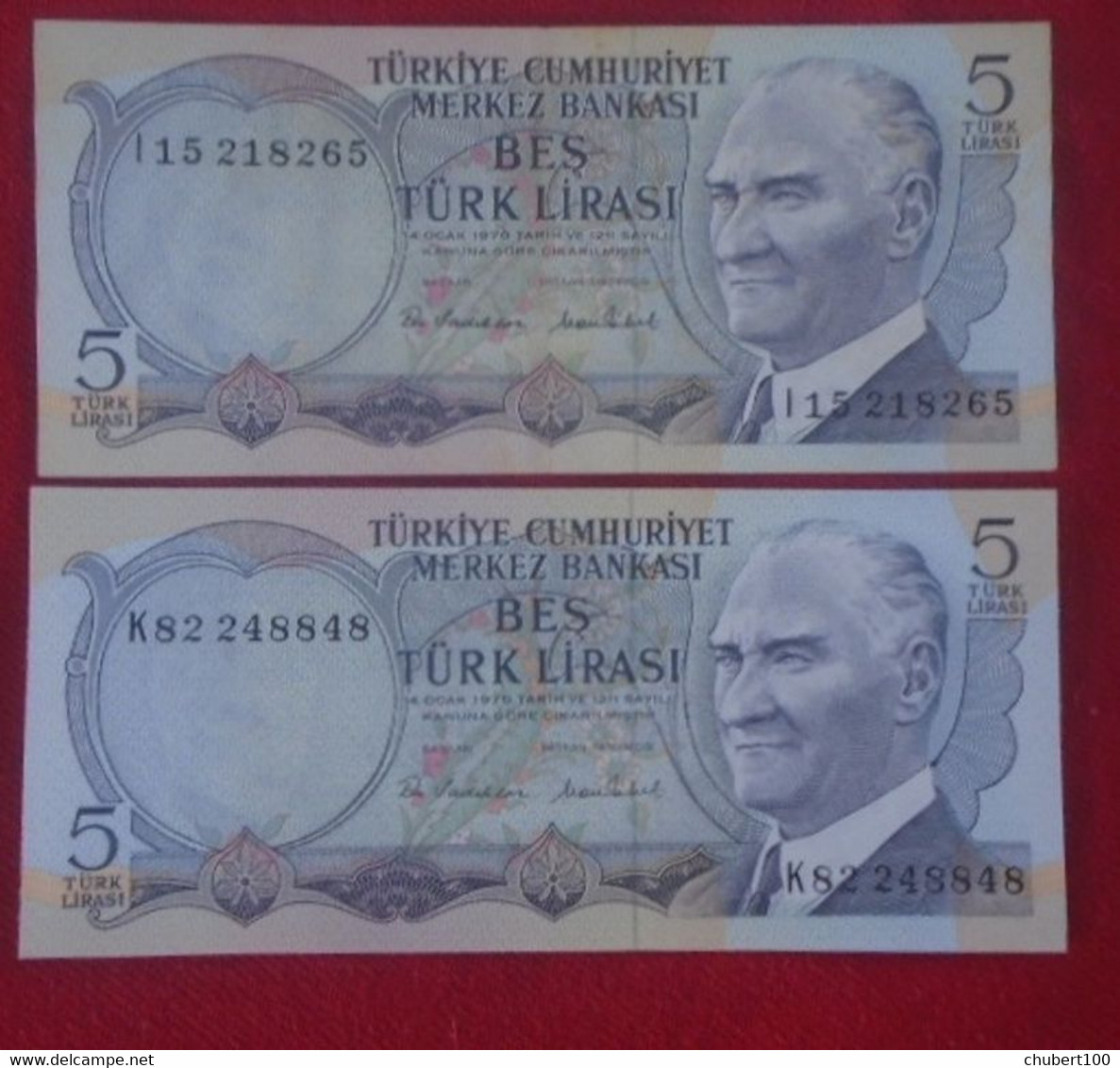 TURKEY , P 179 + 185 , 5 Lira , L 1930 + L 1970  ,  UNC Neuf , 4 Notes + 1 EF - Turkey