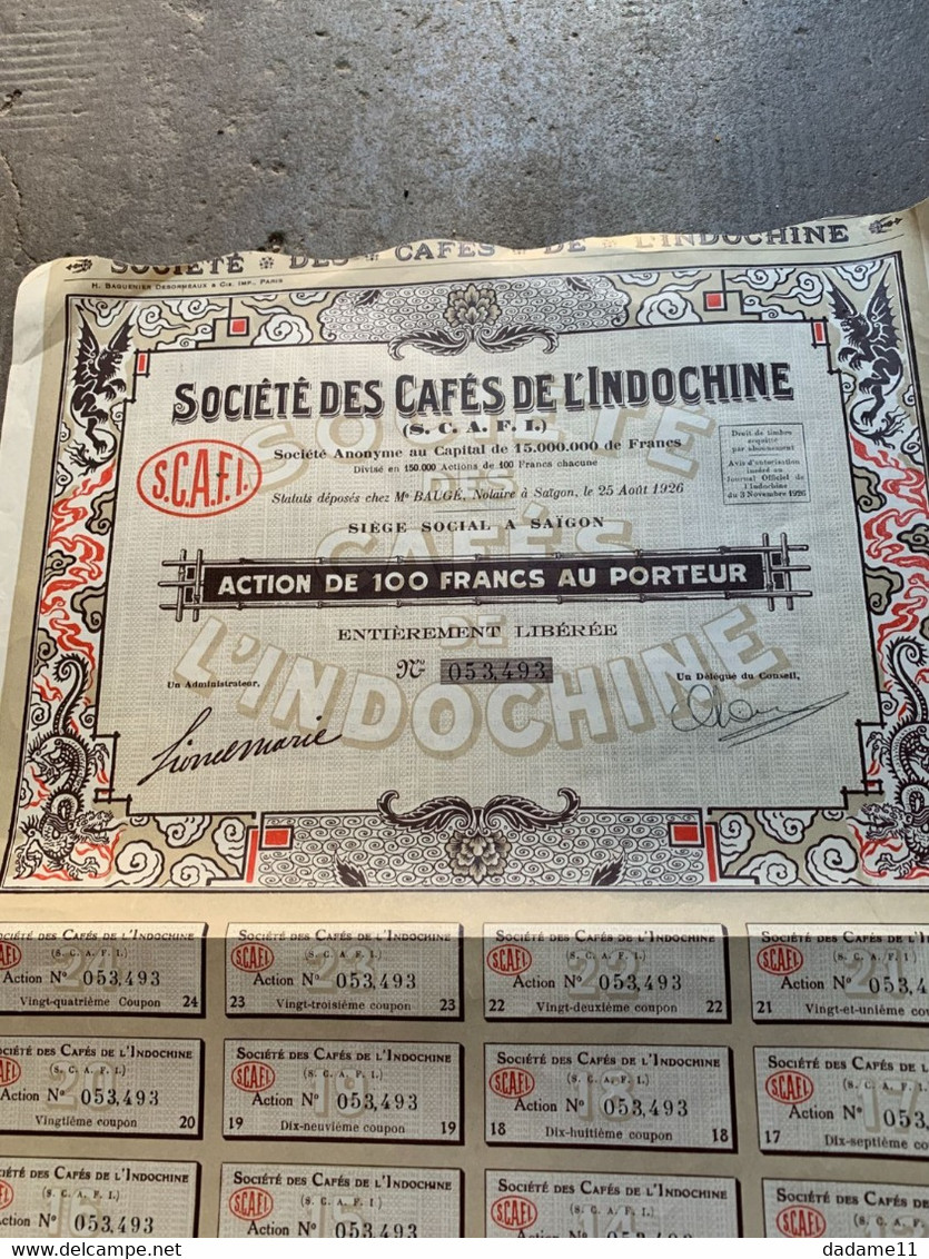 Action De 100 Francs Cafés De L'Indochine Française 1926 Saïgon - Agriculture