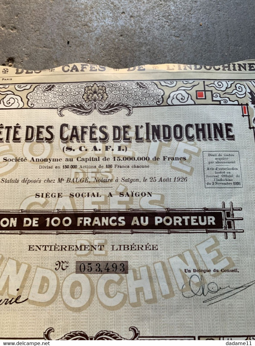 Action De 100 Francs Cafés De L'Indochine Française 1926 Saïgon - Agriculture