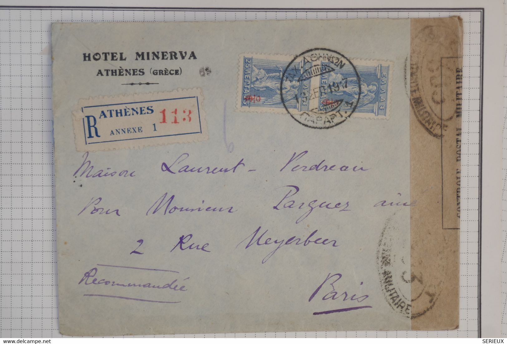 BA8 GRECE  BELLE LETTRE CENSUREE RECOM.  1919 ATHENES   A PARIS ++HOTEL MINERVA +GUERRE ++AFFRANC. INTERESSANT - Covers & Documents