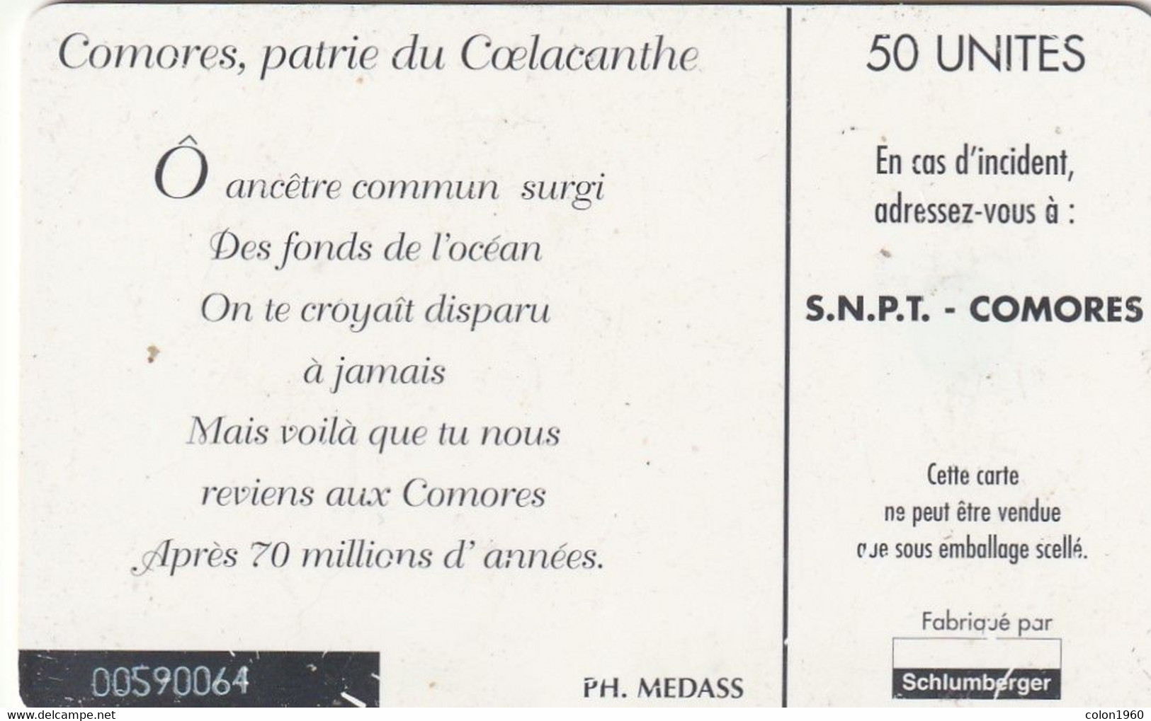 COMORES. KM-OPT-0013C. Coelacanthe. 50U. Black Strip Reverse. (006) - Comoros