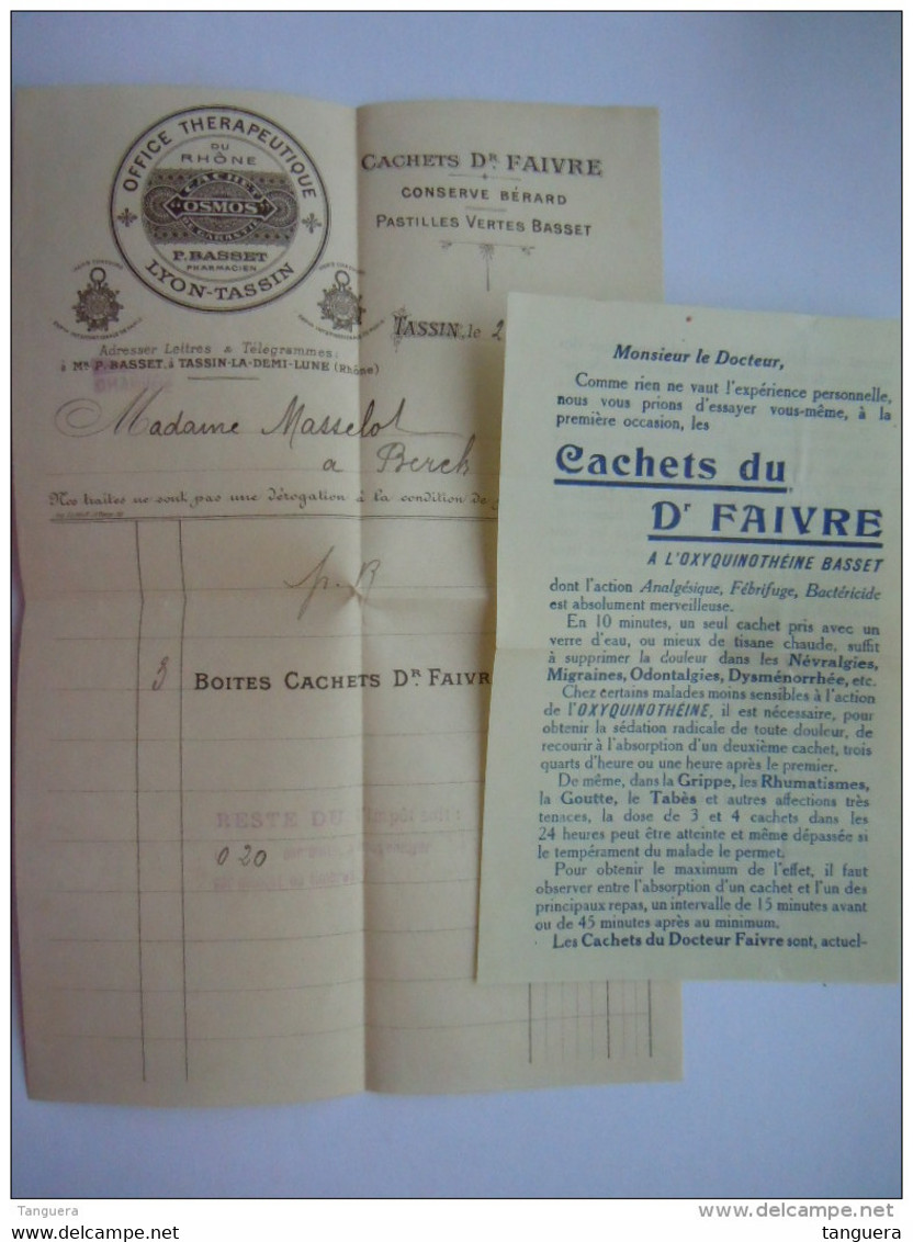 1917 Facture + Info + Preuve Paiement P. Basset Pharmacien Achat Cachets Dr. Faivre - Droguerie & Parfumerie