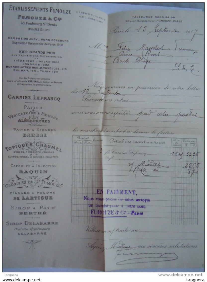 1917 Facture + Enveloppe + Preuve Paiement Etab. Fumouze Paris -&gt; Berck Plage Yv 130 - Droguerie & Parfumerie