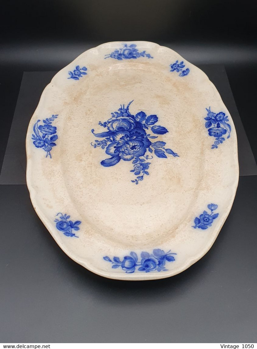 ✅Grand Plat oval VILLEROY & BOCH Mettlach 1897 Faïence Terre de fer  - motifs bleu 36x24.5cm  #rare