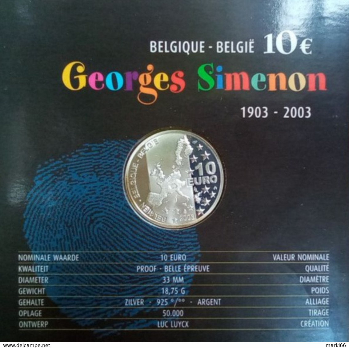 Belgium - 2003 - George's Simenon - Birth Centenary - 10€ Fine Silver Proof Coin - Unclassified