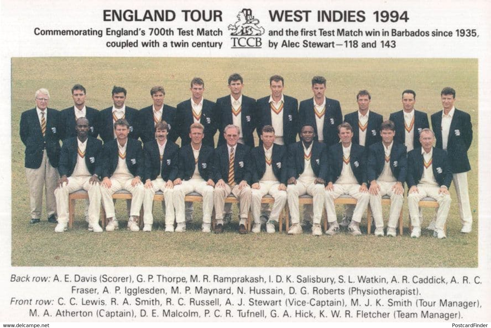 England Cricket Team 1994 West Indies Tour Full Team Postcard - Críquet