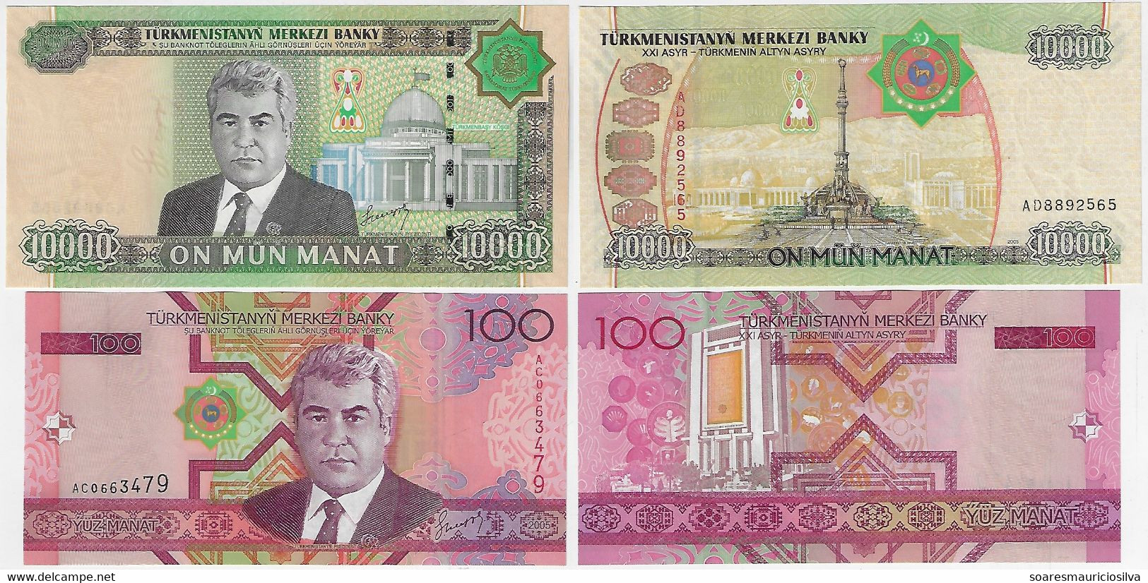 Banknote Turkmenistan 100 And 10,000 Manat 2005 Pick-16 And 18 Both UNC (US$18) - Turkmenistan