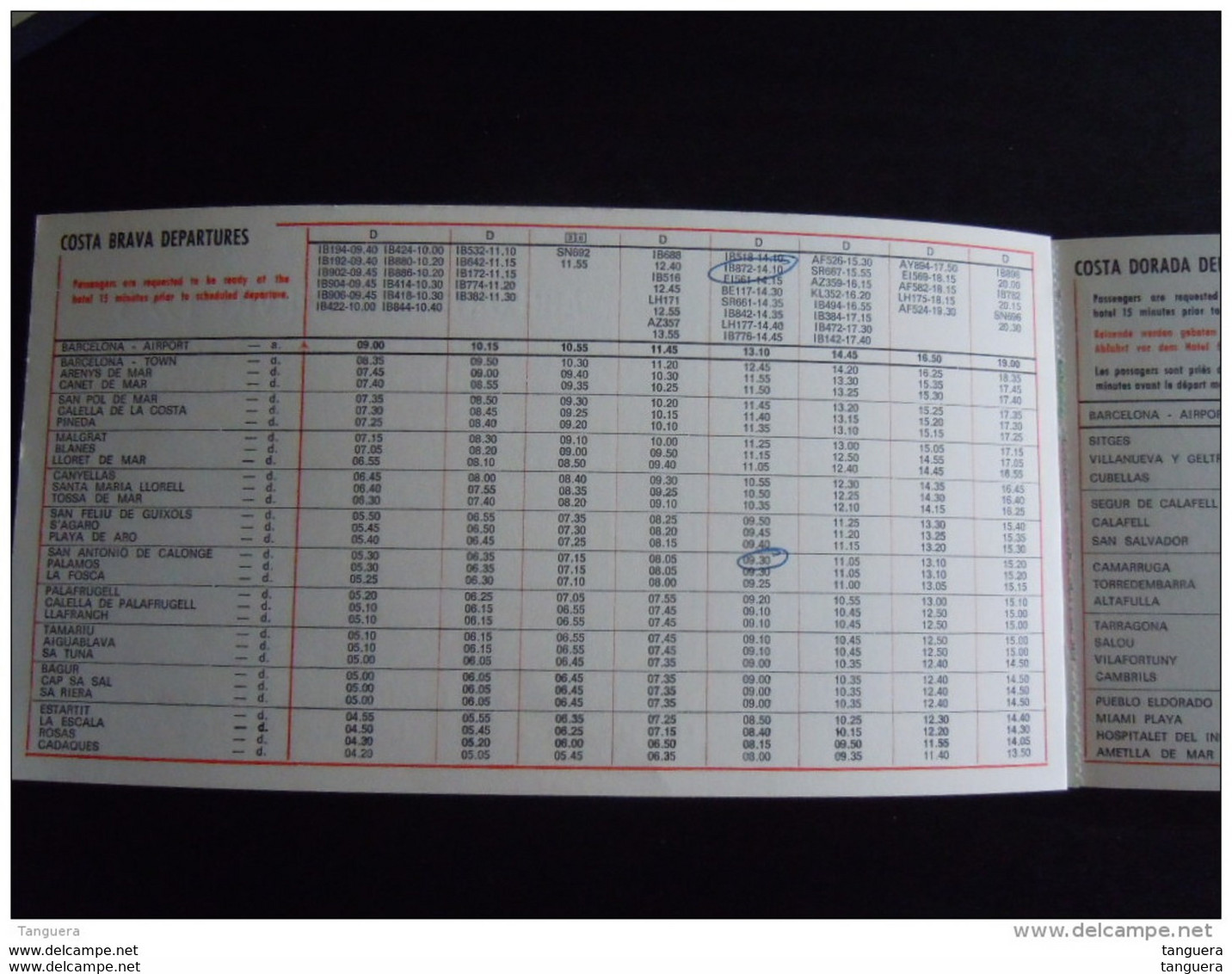 Timetable Airport Road Service 1973 Costa Brava & Costa Dorada Departures Horaires Des Bus Pour L'aeroport - Timetables