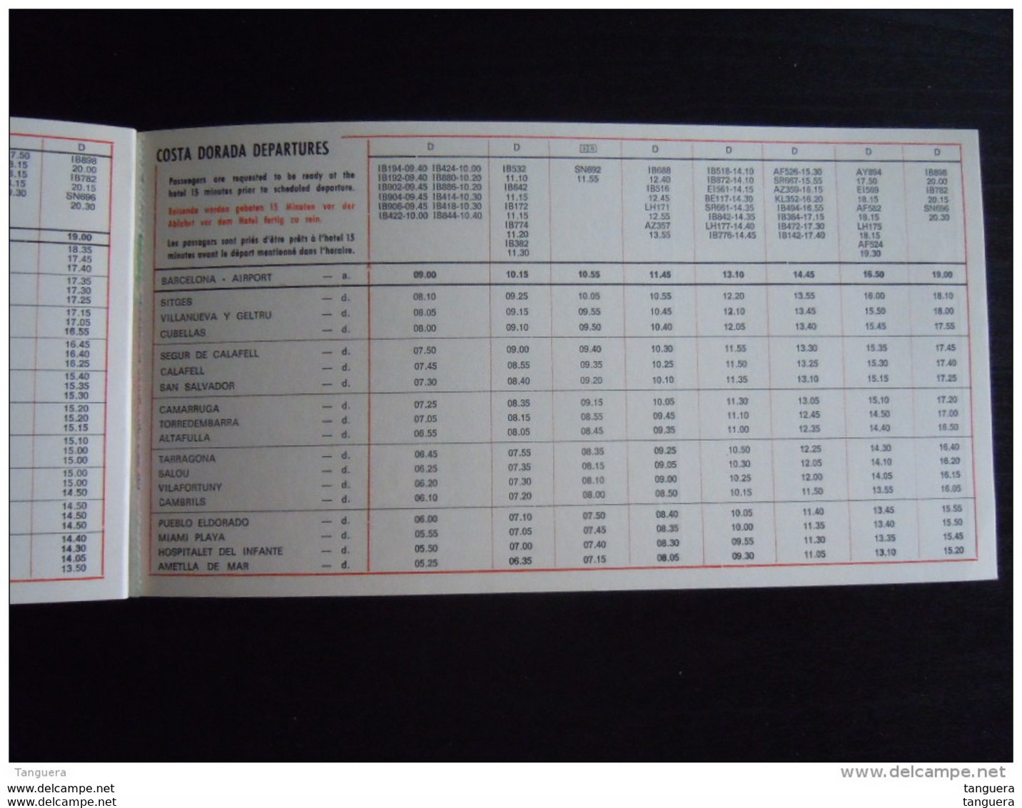 Timetable Airport Road Service 1973 Costa Brava & Costa Dorada Departures Horaires Des Bus Pour L'aeroport - Horarios