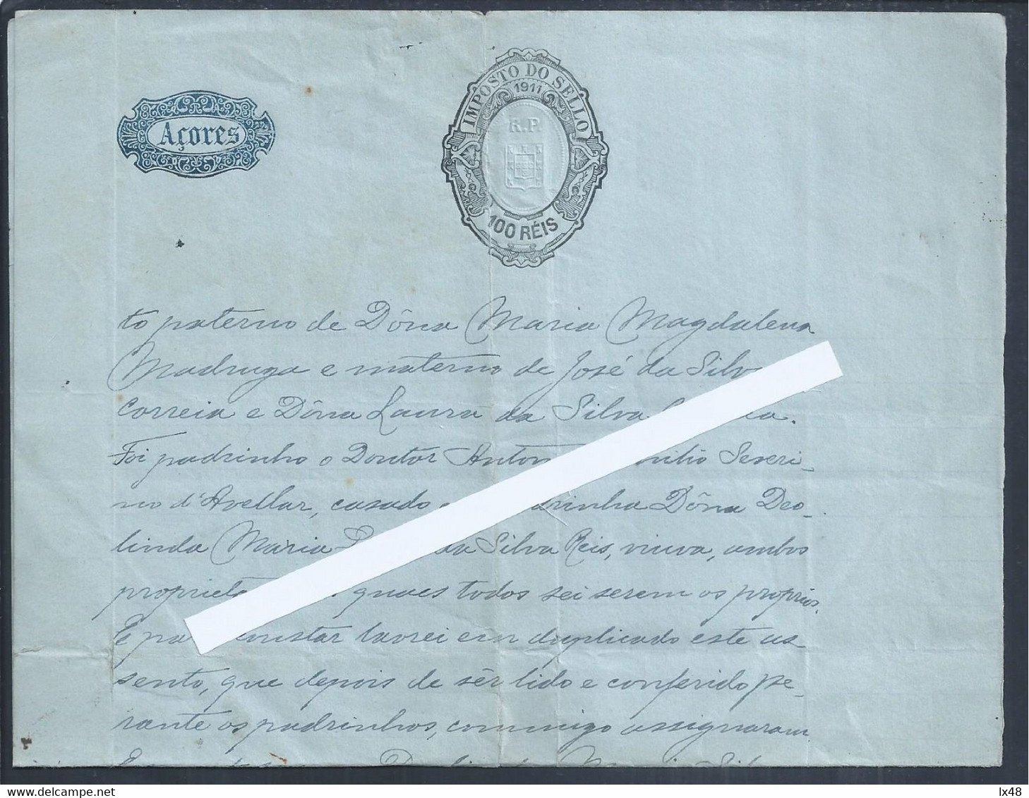 Certidão De Nascimento Da Horta, Açores Emitida Em 1911 Em Papel Selado De 100 Réis Com Sobrecarga (RP). Birth Certifica - Briefe U. Dokumente