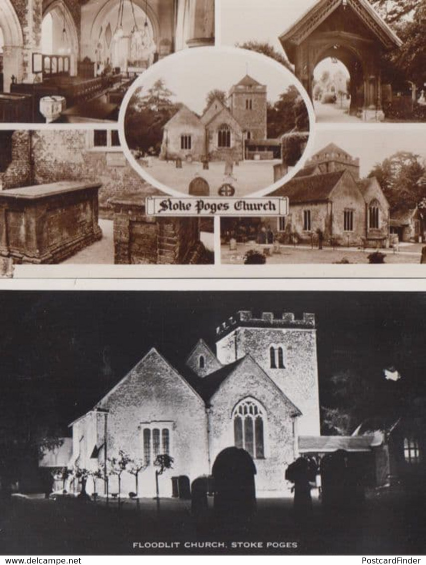 Stoke Poges Church At Night Illuminations Floodlit Bucks 2x Real Photo Postcard - Buckinghamshire