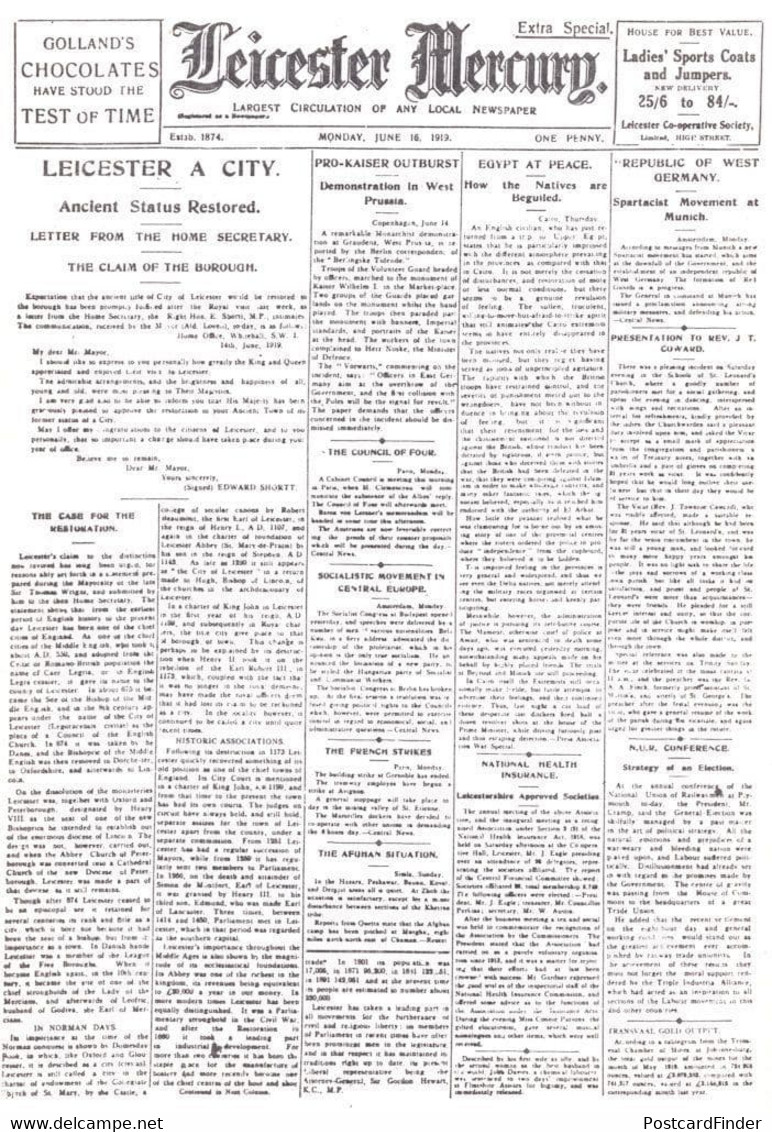 Leicester City Restored 1919 Newspaper Cover Rare Ephemera - Otros & Sin Clasificación