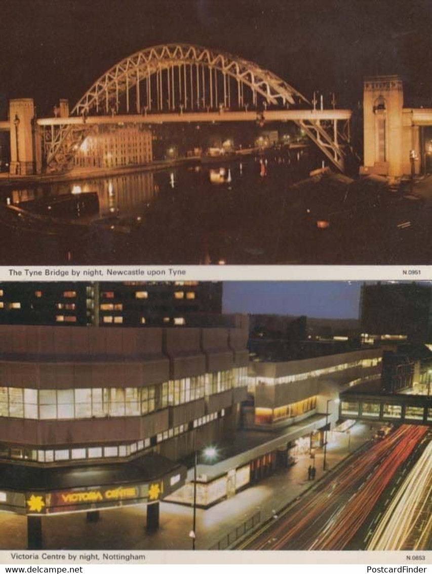 Newcastle Tyne Bridge & Victoria Centre By Night Illuminations 2 1970s Postcard - Andere & Zonder Classificatie