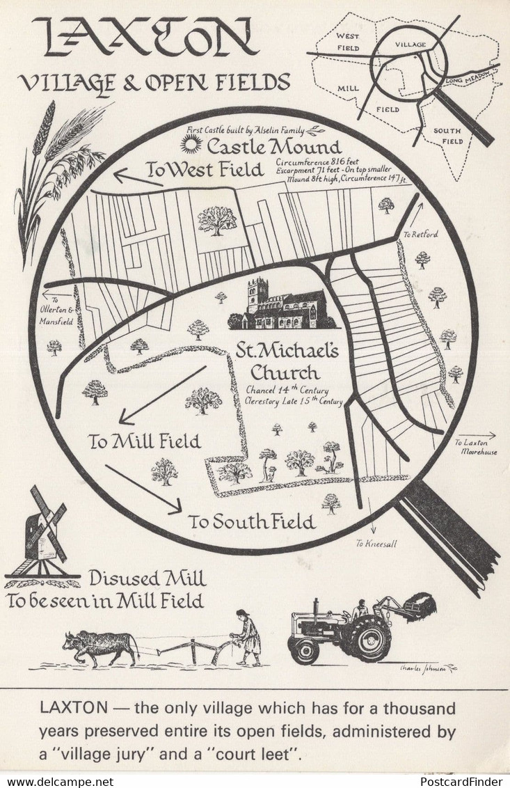 Laxton Nottingham Map Farm Tractor Mill Fields Postcard - Autres & Non Classés