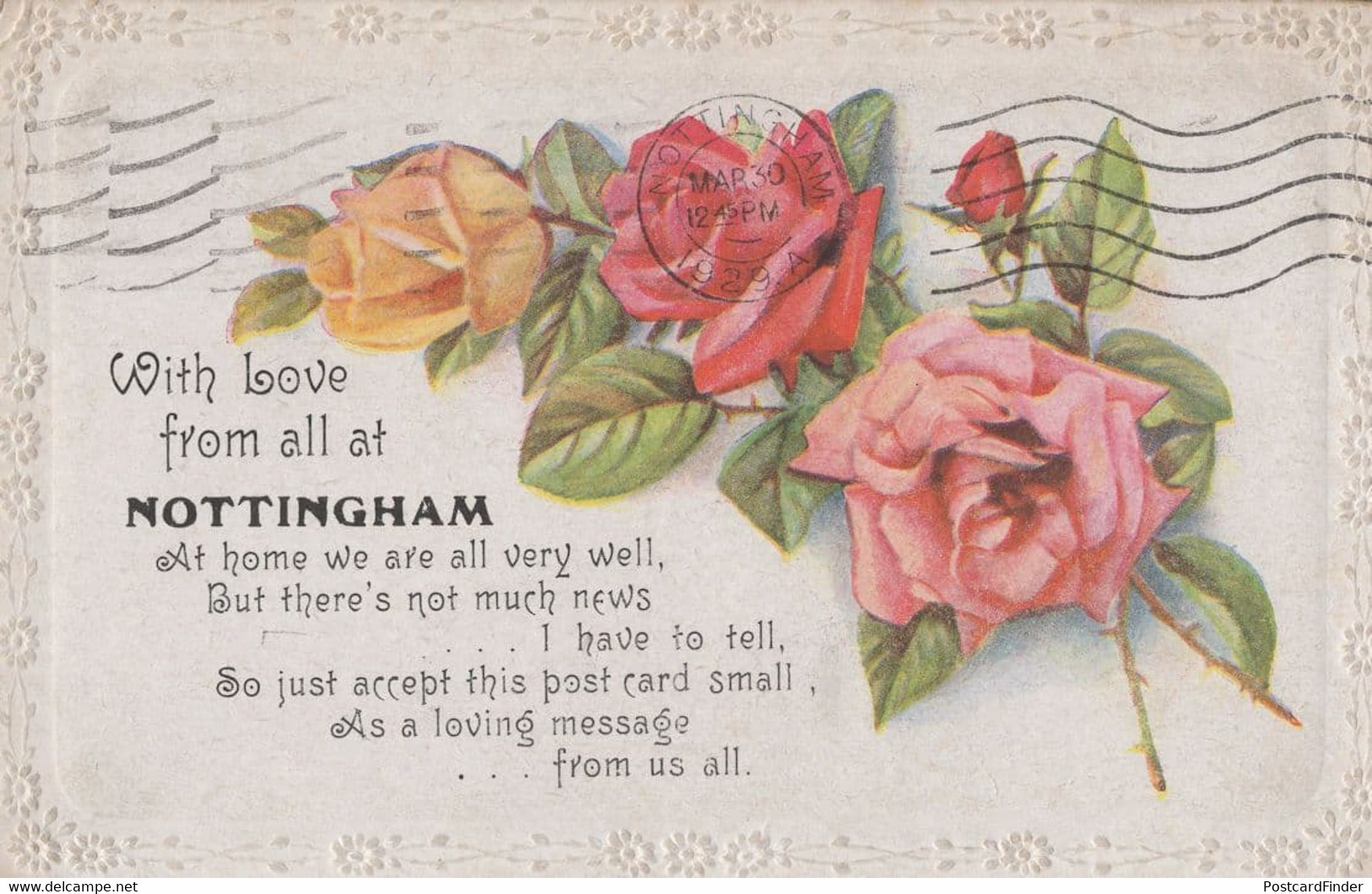 With Love From All At Nottingham 1920s Flowers Greeting Postcard - Andere & Zonder Classificatie