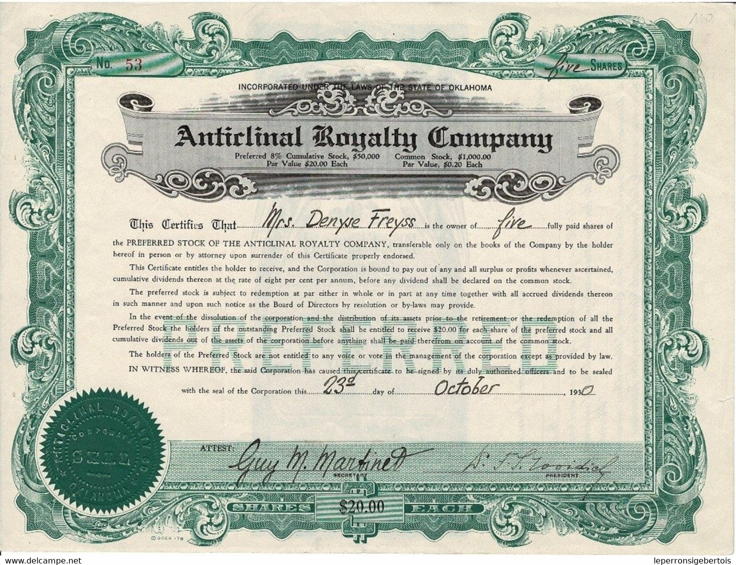 - Certificat De Valeurs Américaines - Anticlinical Royalty Company.- Titre De 1930 - - Industry