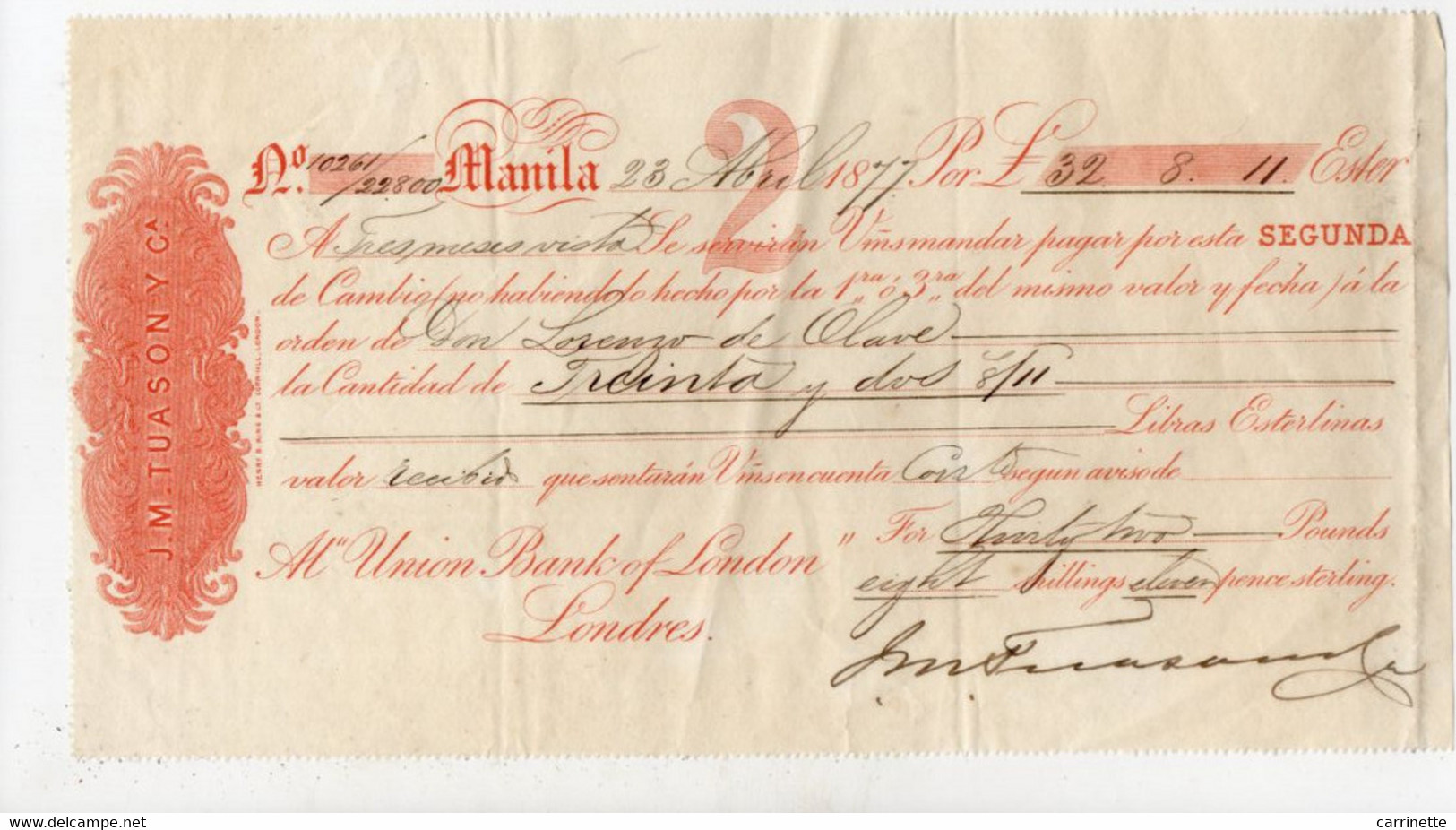 PHILIPPINES - J. M. TUASON Y Ca à Manila En 1877 (Filipinas) Pour Don Lorenzo De Olave - Union Bank Of London à Londres - Other & Unclassified