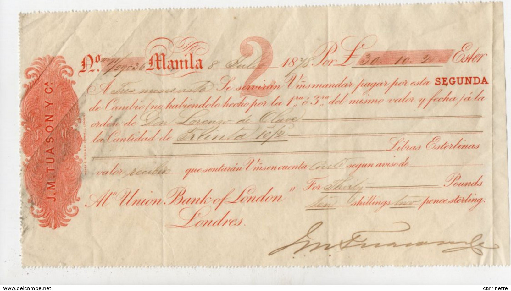 PHILIPPINES - J. M. TUASON Y Ca à Manila En 1878 (Filipinas) Pour Don Lorenzo De Olave - Union Bank Of London à Londres - Other & Unclassified