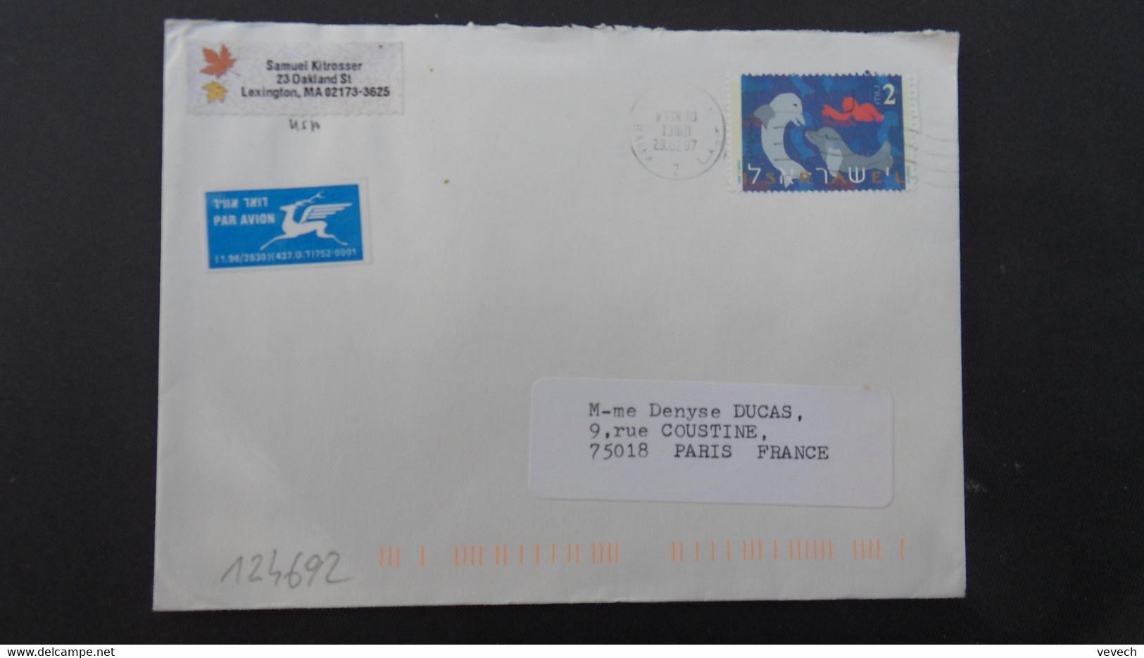 LETTRE Par Avion Pour La FRANCE TP DAUPHINS 2 OBL.MEC.23.02 97 HAIFA - Storia Postale