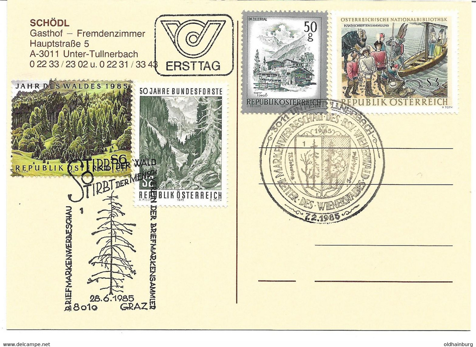 2121y: Österreich 1986, Block Jahr Des Waldes, Wildbach & Naturschutzjahr: AK Gasthof Schödl Untertullnerbach - Tulln