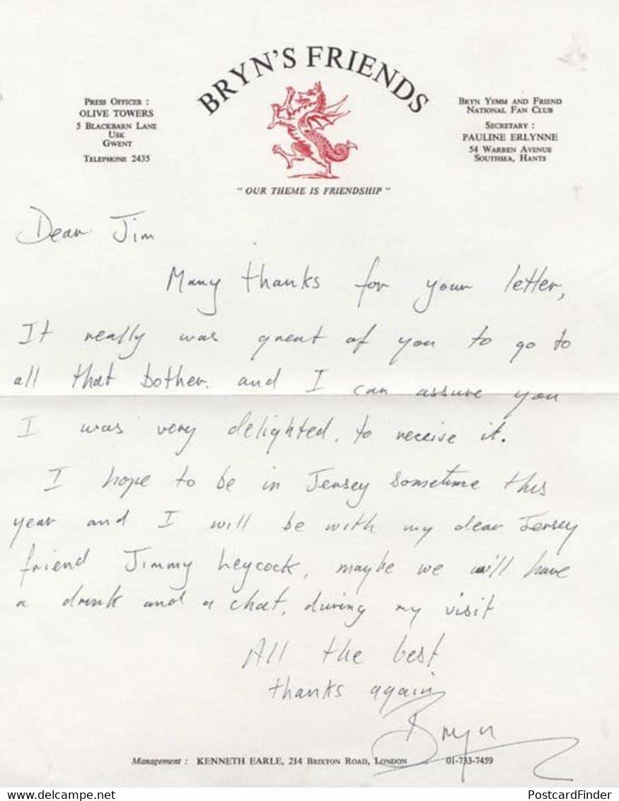 Bryn Yemm Jimmy Leycock Jersey Channel Islands Hand Wrote Signed Private Letter - Autographs