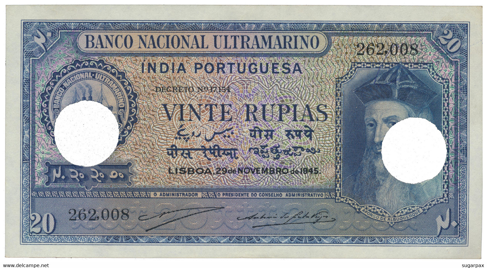 Portuguese INDIA - 20 RUPIAS - 29.11.1945 - Pick 37 - Canceled With Two Holes - Afonso De Albuquerque - Portugal