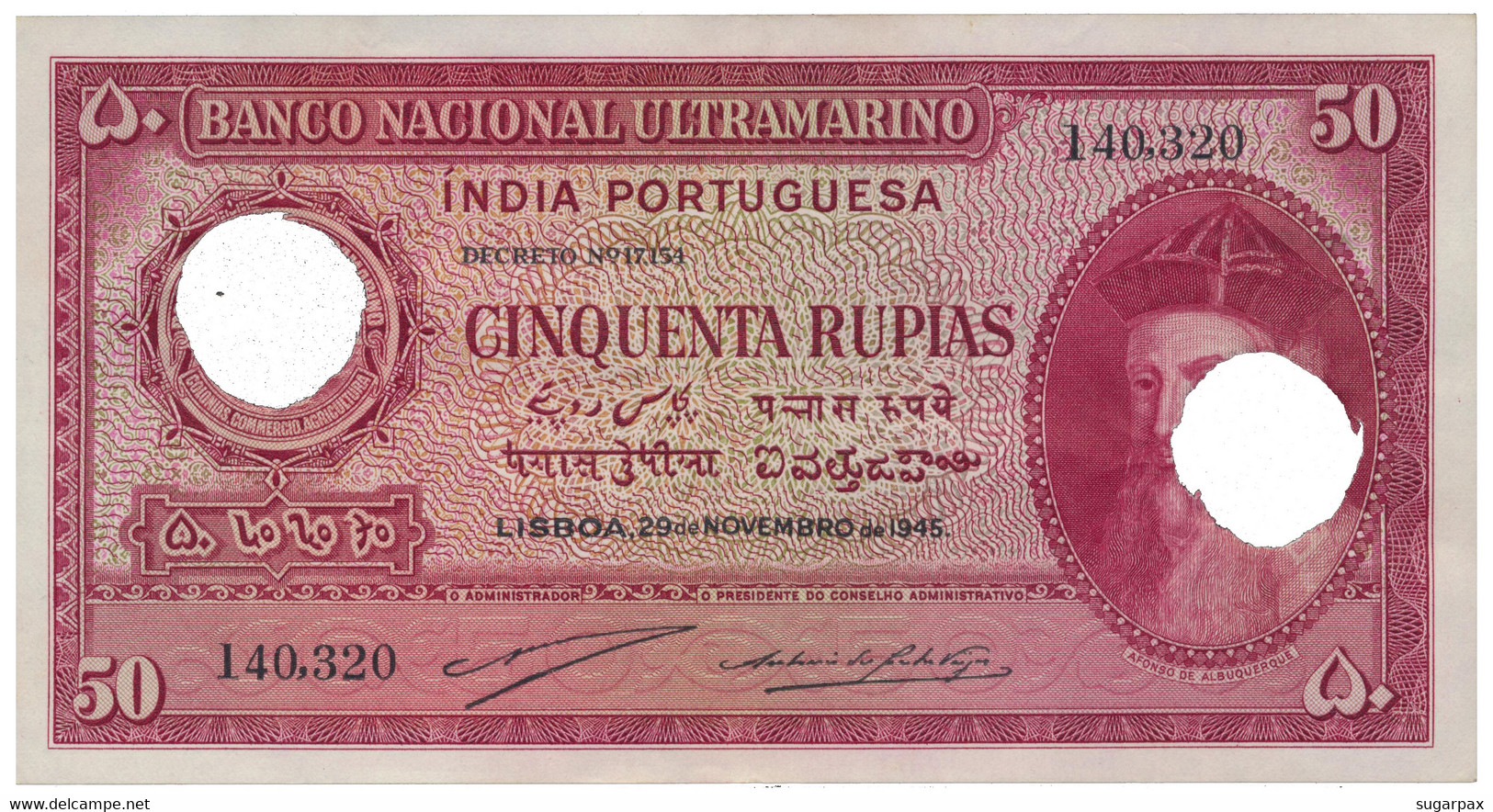 Portuguese INDIA - 50 RUPIAS - 29.11.1945 - Pick 38 - Canceled With Two Holes - Afonso De Albuquerque - Portugal