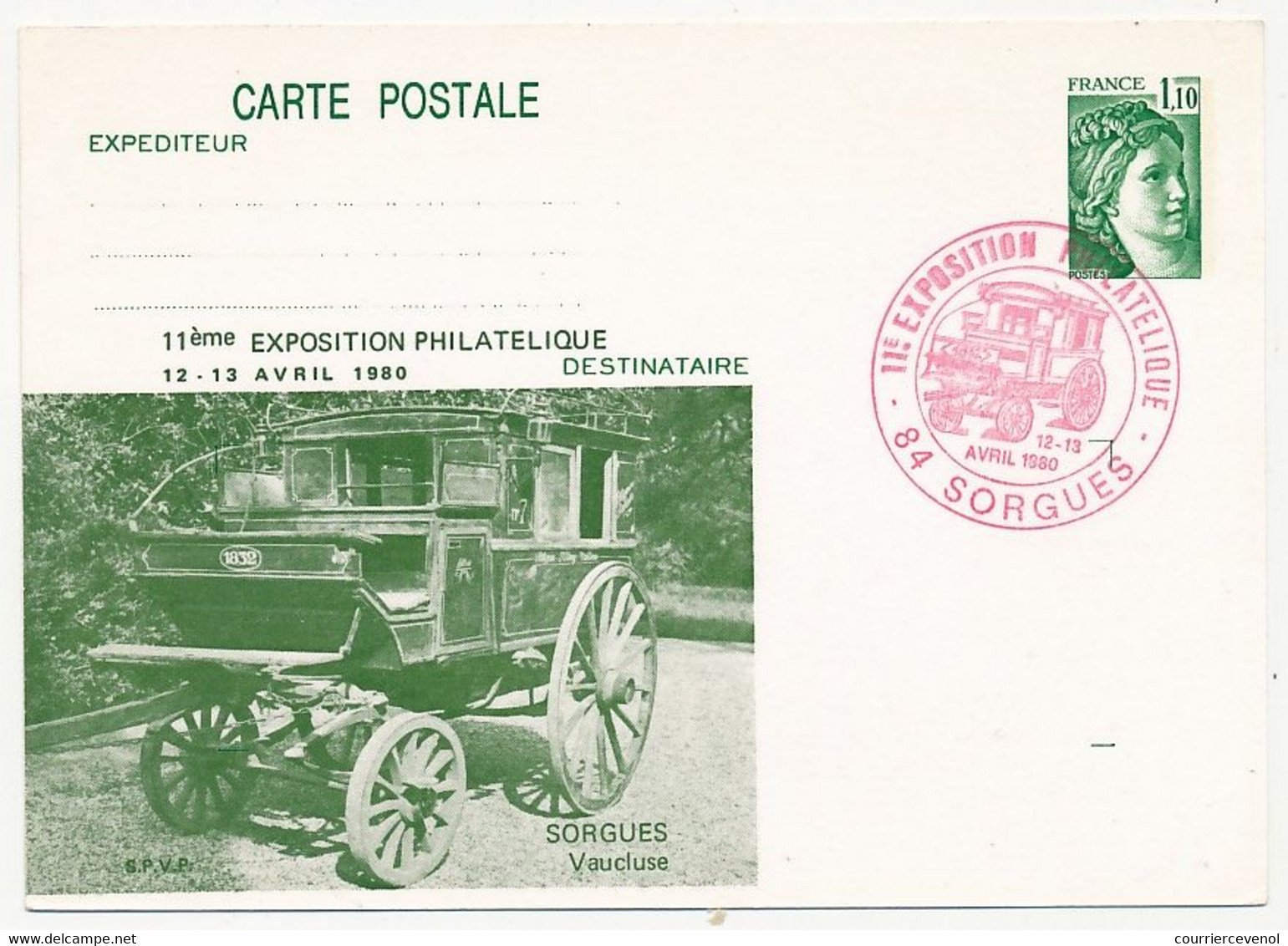 Entier Repiqué - 1,10 Sabine - 11eme Expo Philatélique - 84 SORGUES - 1980 (Tacot) Oblitération En Rouge - Cartes Postales Repiquages (avant 1995)