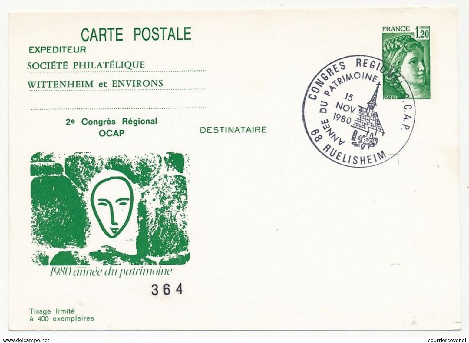 Entier Repiqué - 1,20 Sabine - 1980 Année Du Patrimoine - Congrès Régional OCAP - 68 RUELISHEIM - 15 Nov 1980 - Postales  Transplantadas (antes 1995)