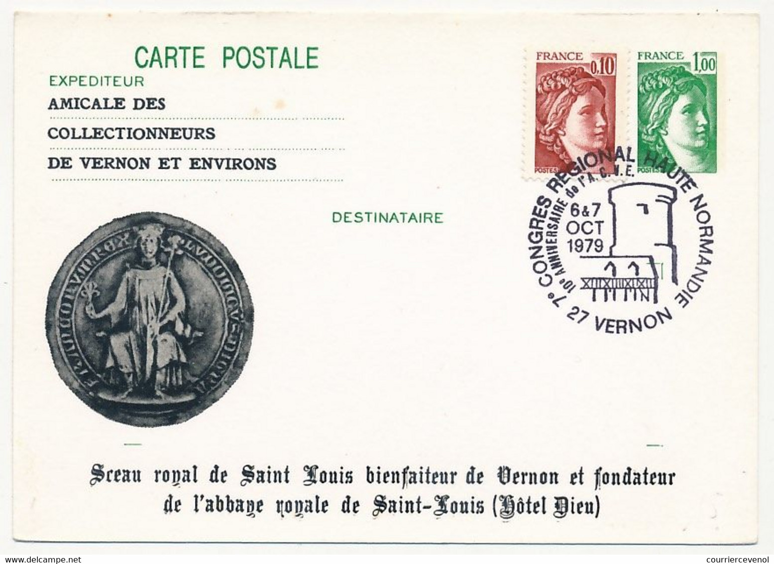 Entier Repiqué - C.P. 1,00 Sabine - Sceau Royal De St Louis - 7eme Congrès Régional - 27 VERNON - 6/7 Octobre 1979 - Postales  Transplantadas (antes 1995)