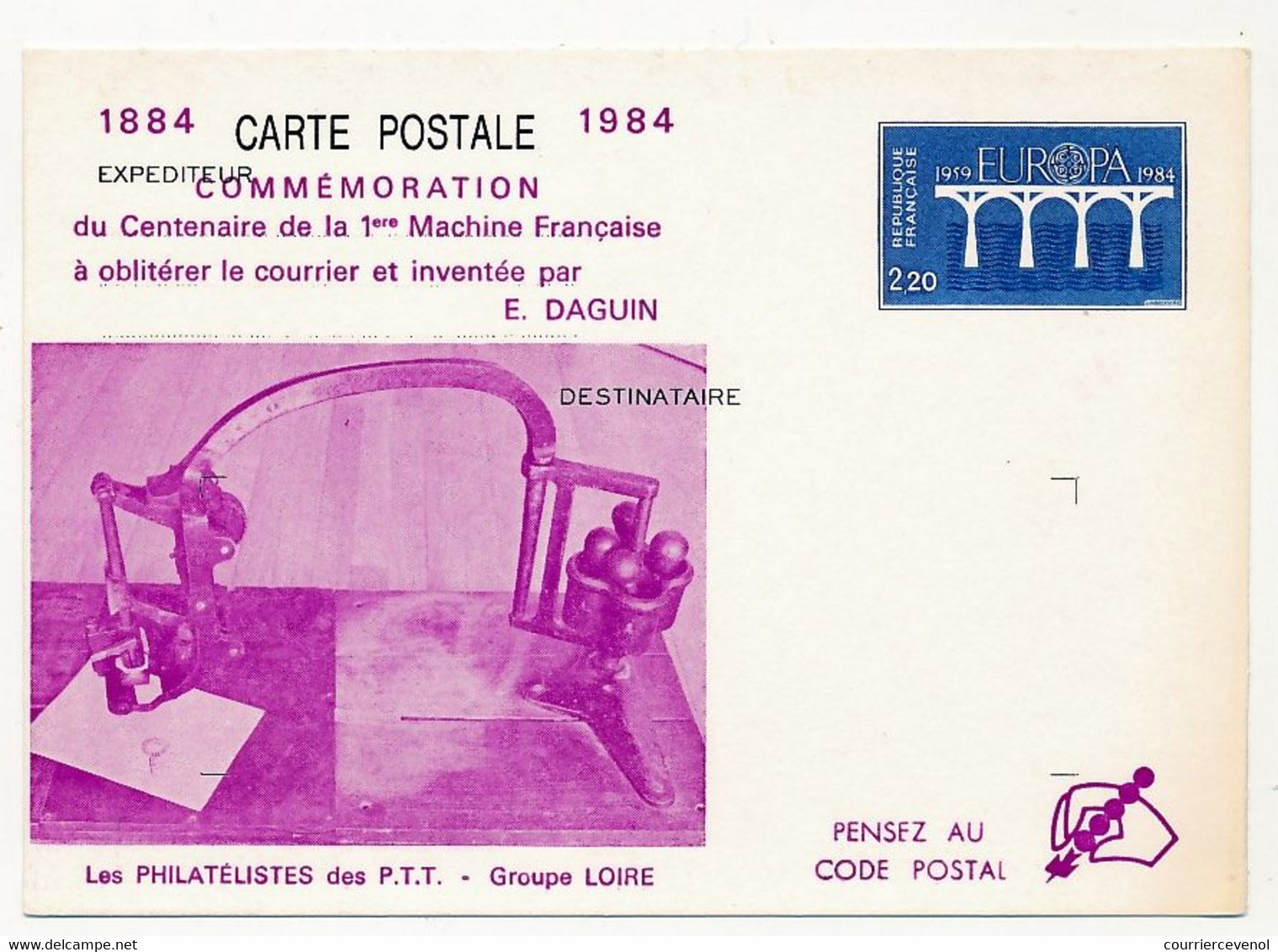 Entier Repiqué - CP 2,20 Europa - 1ere Machine à Oblitérer Daguin - Philatélistes PTT 1984 - Carte Neuve - Bijgewerkte Postkaarten  (voor 1995)