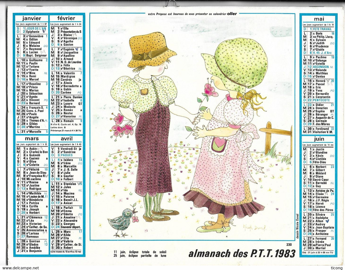 CALENDRIER ALMANACH OLLER  PAS DE CALAIS 1983 - ILLUSTRATIONS DE NICOLE DUVAL, JEUNES FILLES, FLEURS, OISEAUX, UNE BICHE - Grand Format : 1981-90