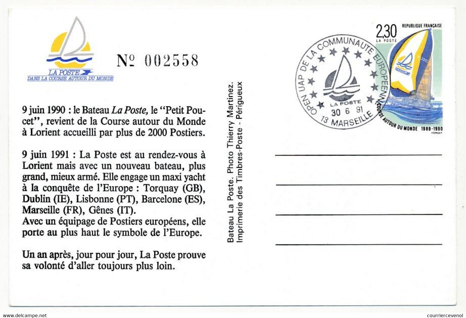 Entier Repiqué - CP 2,30 Bateau La Poste - Open UAP De La Communauté Européenne - MARSEILLE - 30/6/1991 - Overprinter Postcards (before 1995)