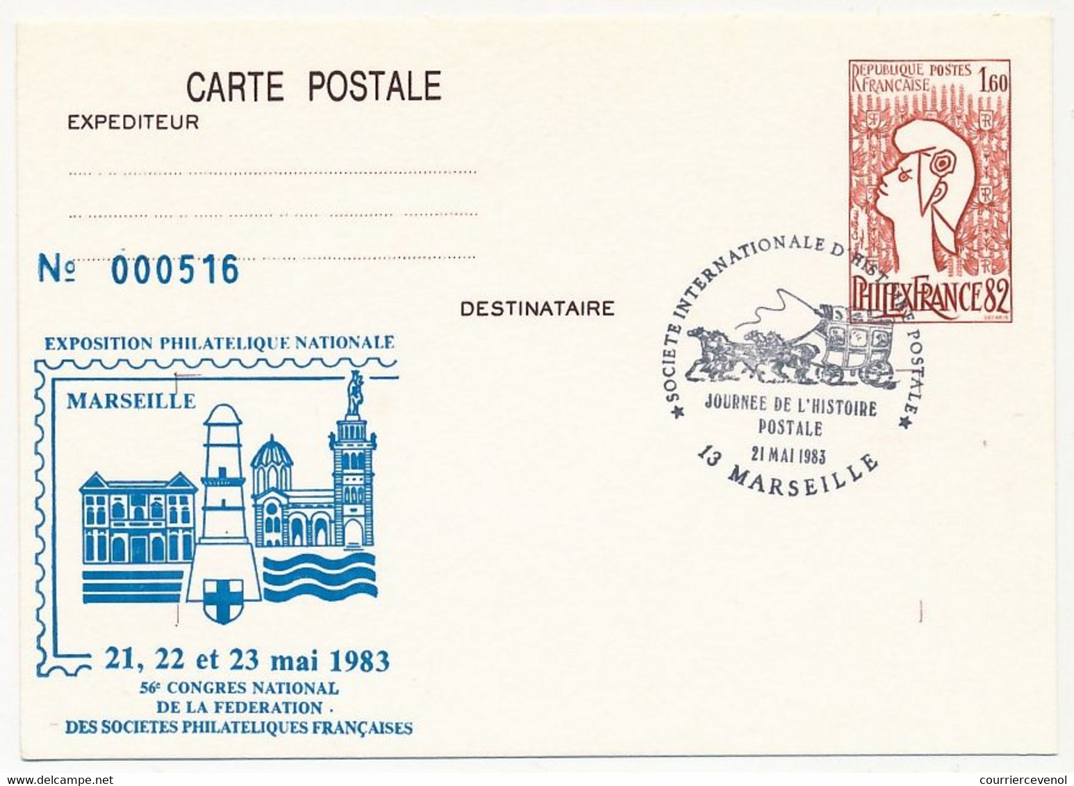 Entier CP 1,60 Philexfrance - 56eme Congrès Fédération - Sté Internationale D'Histoire Postale -MARSEILLE - 21 Mai 1983 - Postales  Transplantadas (antes 1995)