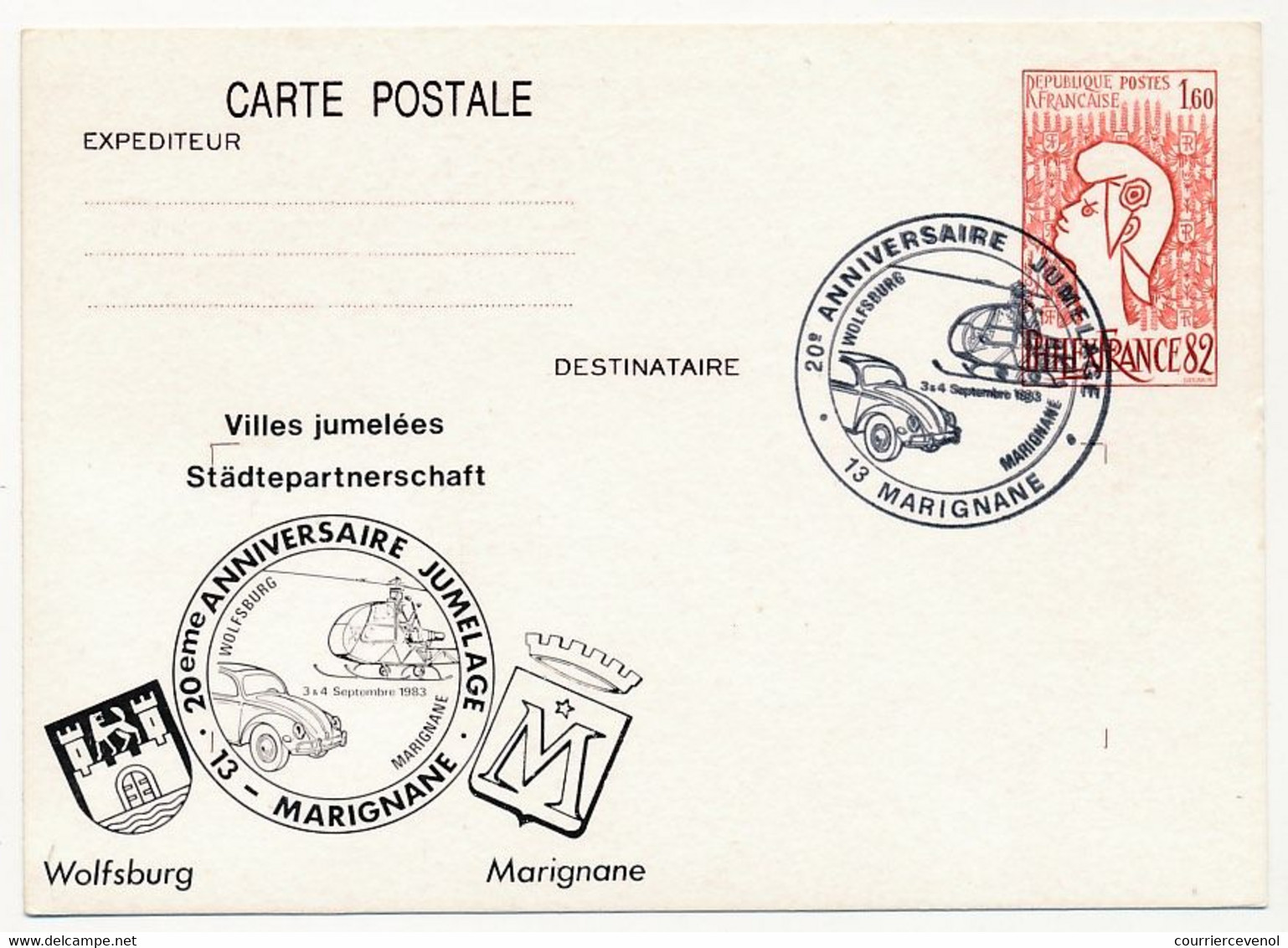 Entier CP 1,60 Philexfrance - 20eme Anniversaire Jumelage Wolfsburg Marignane - 13 MARIGNANE - 3/4 Septembre 1983 - Cartes Postales Repiquages (avant 1995)