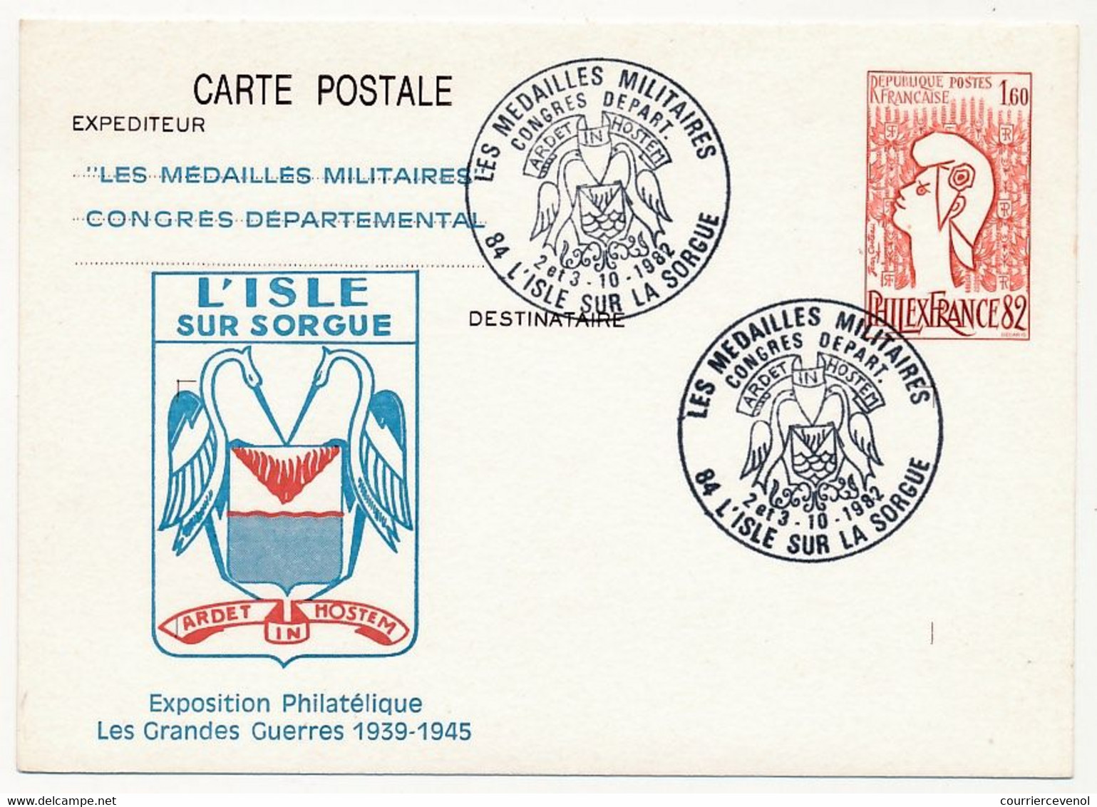 Entier CP 1,60 Philexfrance - Les Médaillés Militaires Congrès Départemental - 84 L'Isle Sur Sorgues - 2/3/10/1982 - AK Mit Aufdruck (vor 1995)