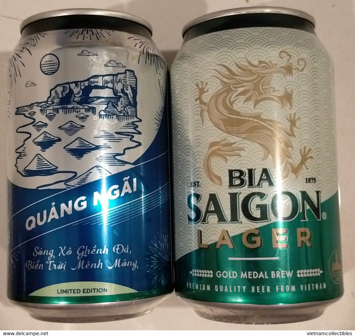 Vietnam Viet Nam Saigon Green 330 Ml Empty Beer Can With QUANG NGAI On Other Side / Opened By 2 Holes - Lattine