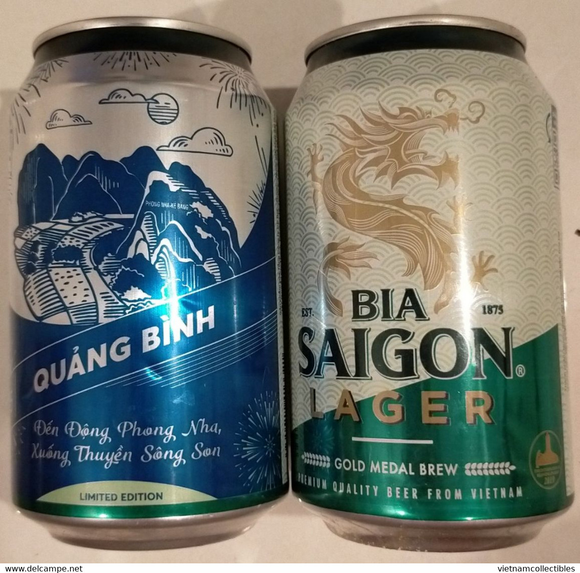 Vietnam Viet Nam Saigon Green 330 Ml Empty Beer Can With QUANG BINH On Other Side / Opened By 2 Holes - Lattine