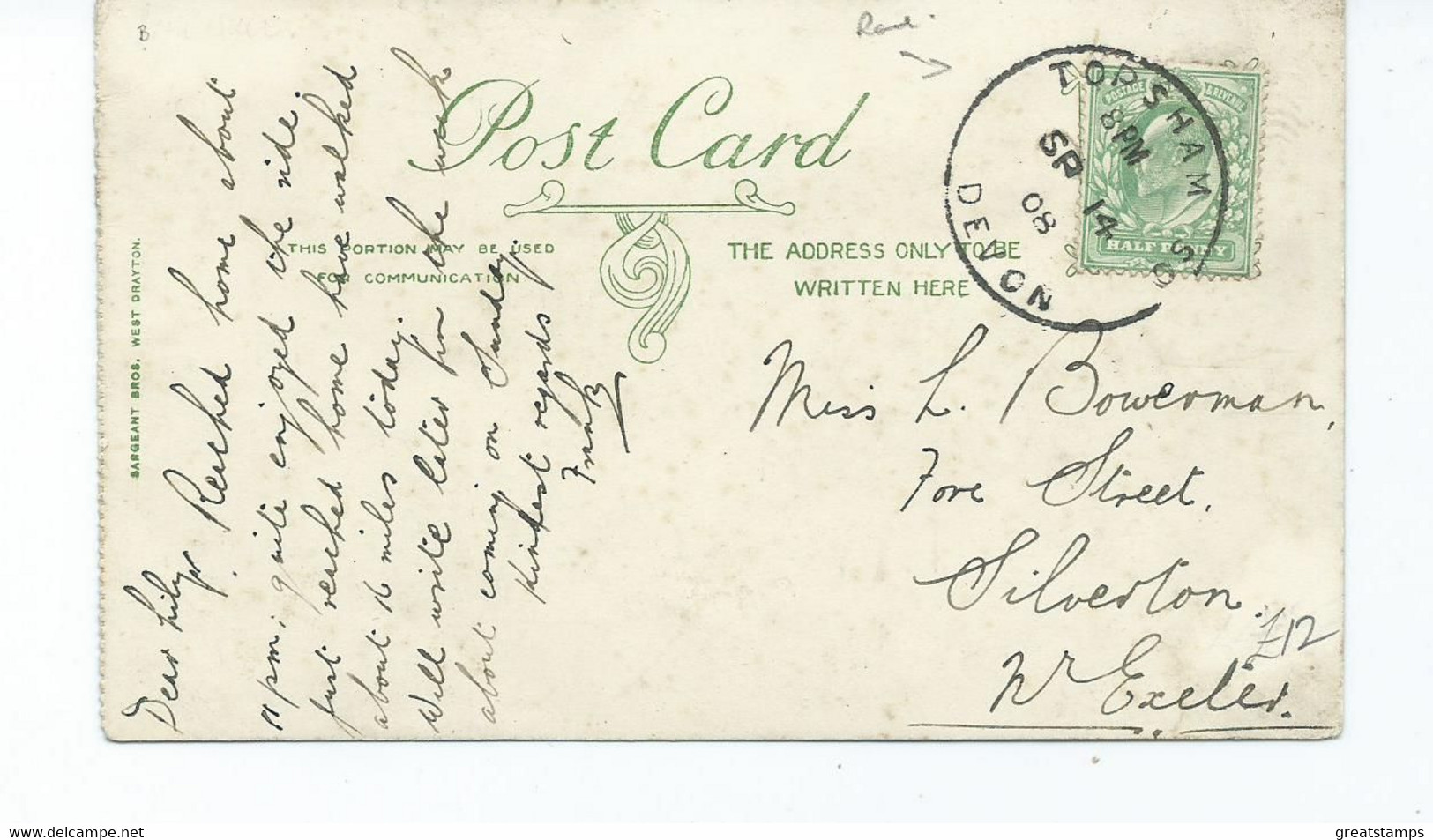 Devon    Postcard Exeter Countess Weir With Rare Topsham Skeleton Postmark 1908 Sargeant Bros - Exeter