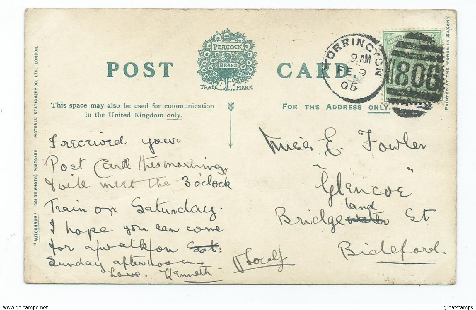 Devon   Postcard  Lynmouth East  Lyn Posted Torrington Duplex Cancel Peacock 1905 - Lynmouth & Lynton