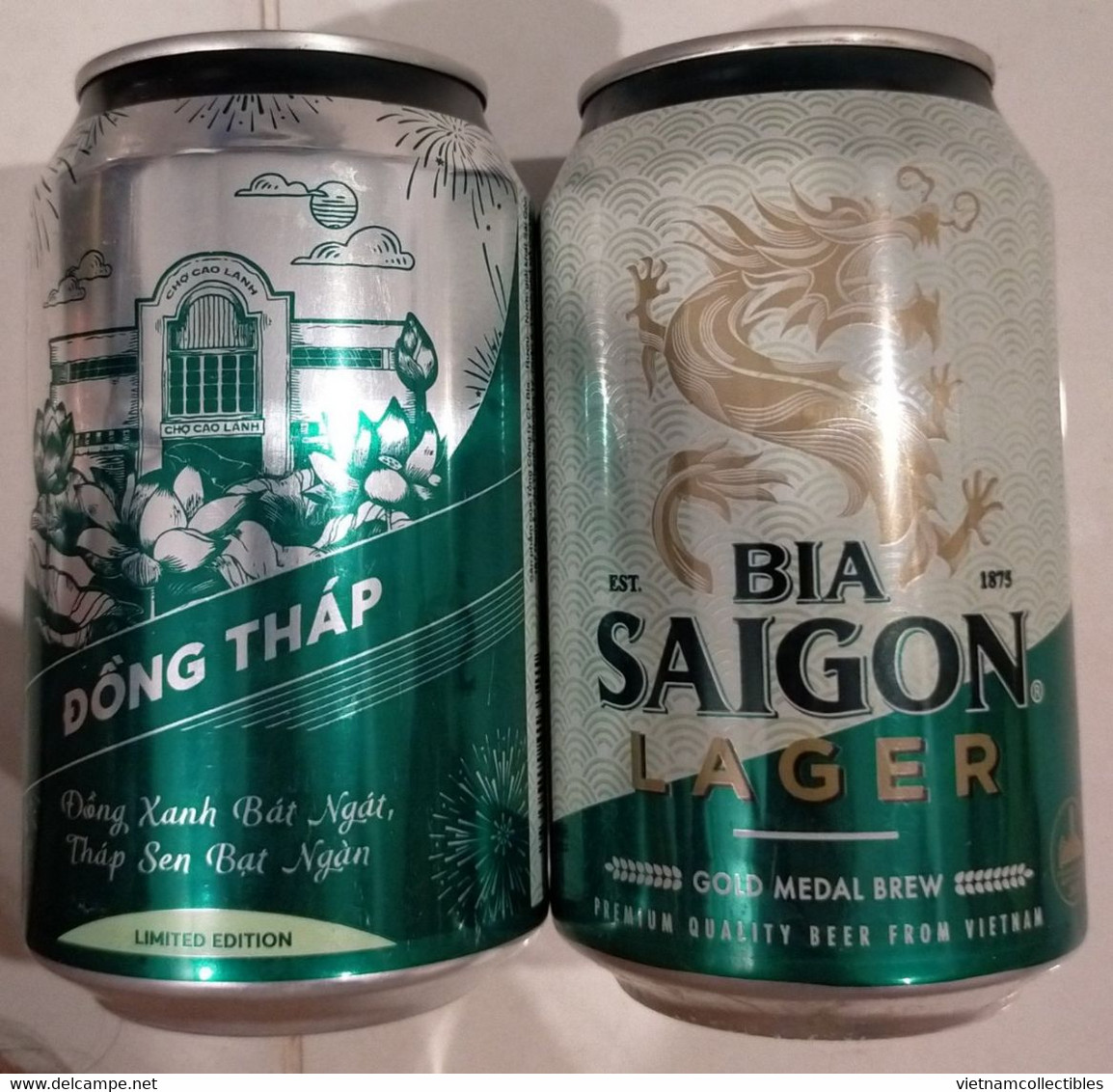 Vietnam Viet Nam Saigon Green 330 Ml Empty Beer Can With DONG THAP On Other Side / Opened By 2 Holes - Cannettes
