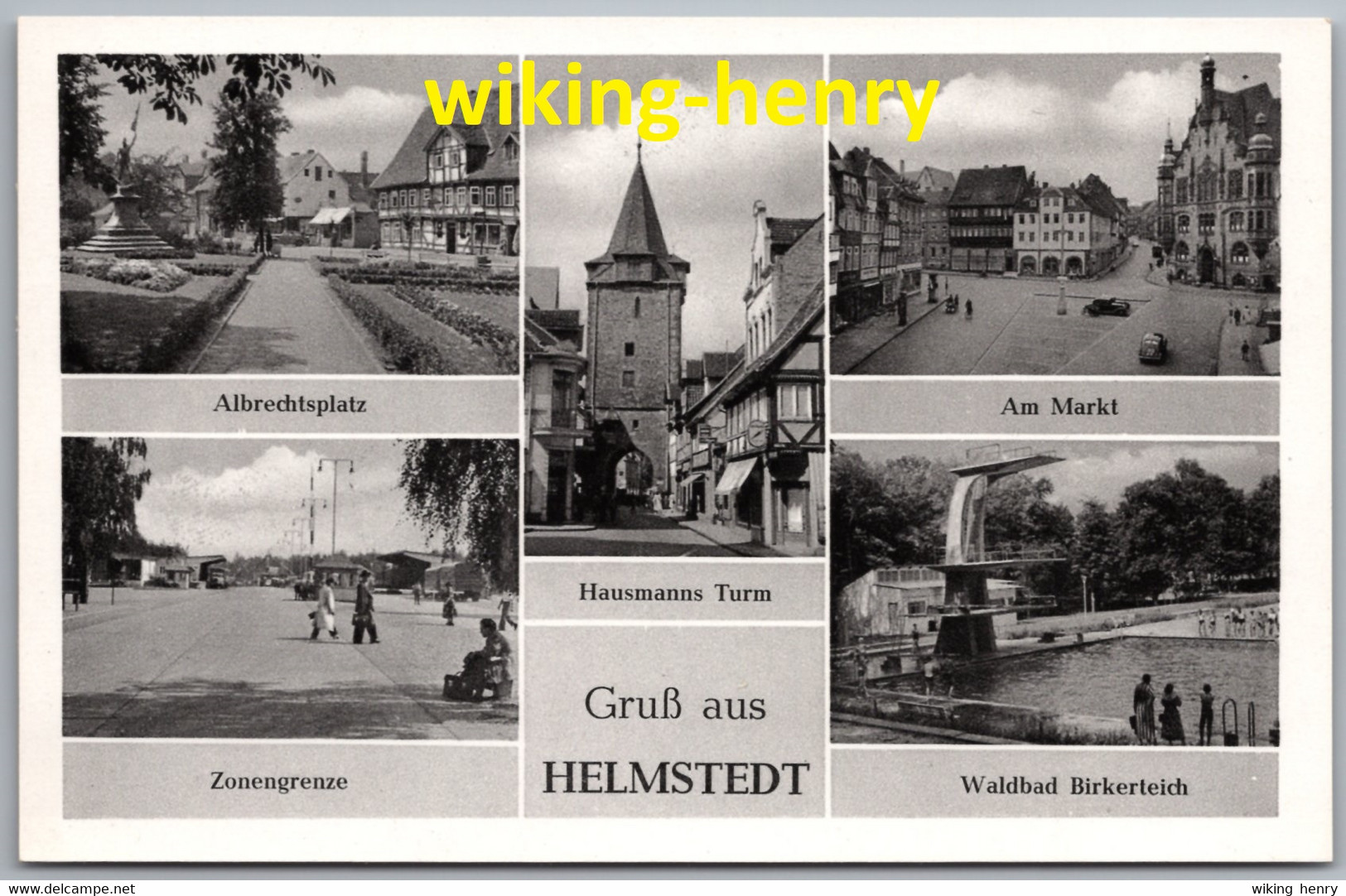 Helmstedt - S/w Mehrbildkarte 1   Albrechtsplatz Markt Hausmanns Turm Zonengrenze Waldbad Birkerteich - Helmstedt