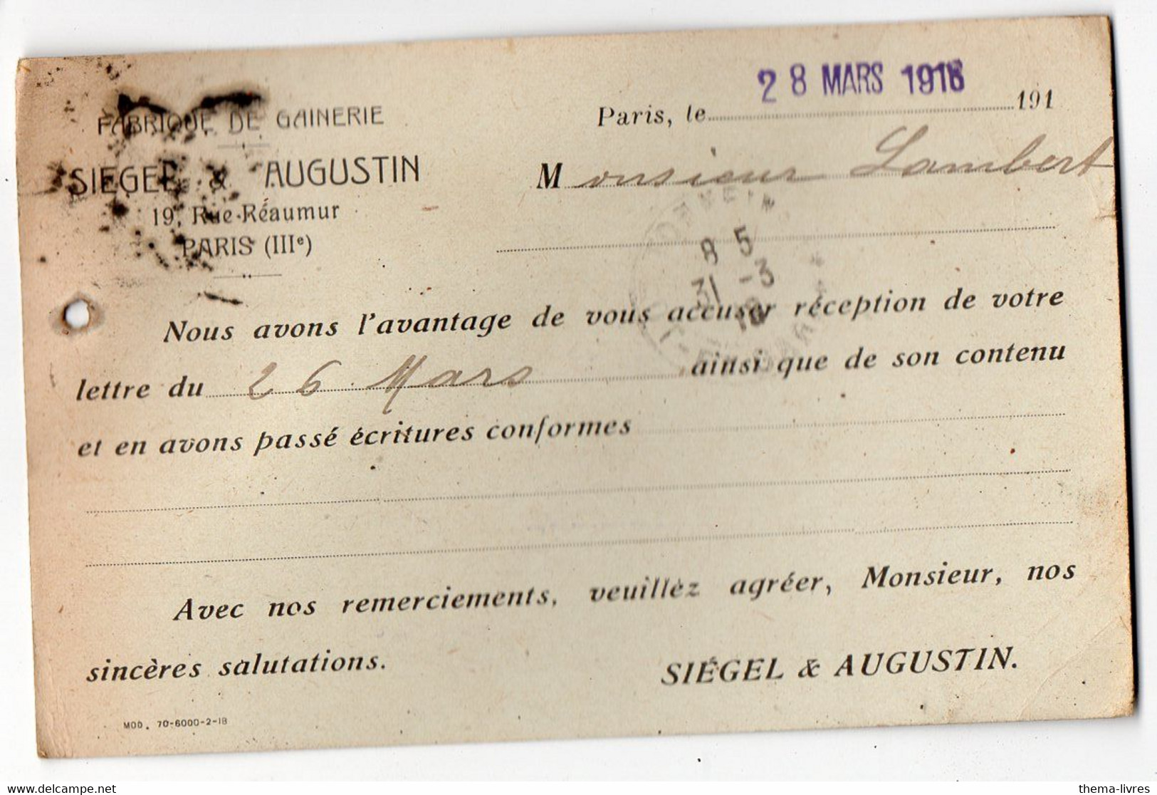 Paris Carte De Correspondance Commerciale  SIEGEL ET AUGUSTIN (gainerie) Avec Timbre Perforé VNS 1918 (PPP38298) - Storia Postale