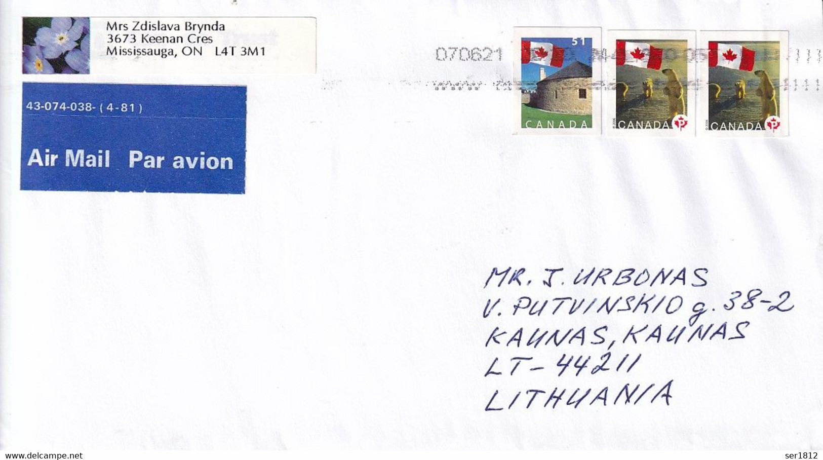Canada 2007 Postal Air Mail Par Avion Cover To Lithuania Kaunas From Mississauga Flag - Covers & Documents