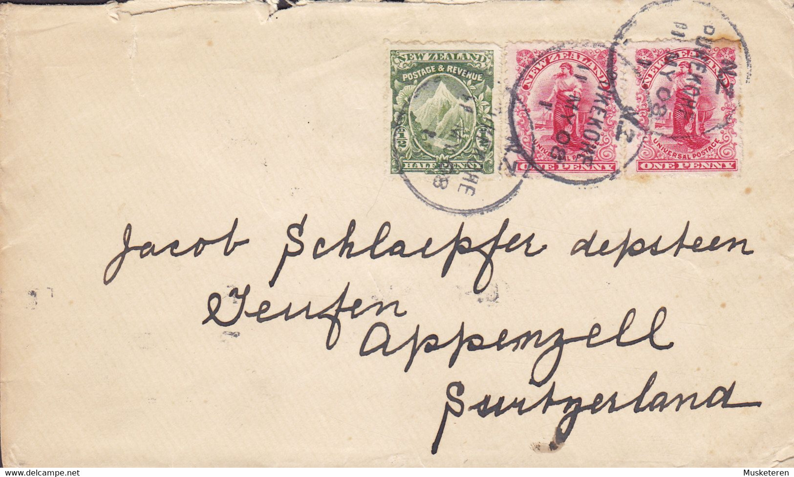 New Zealand PUKEKOHE 1908 'Petite' Cover Brief Via AUCKLAND & TEUFEN (Arr. Cds.) To APPENZELL Switzerland (2 Scans) - Lettres & Documents