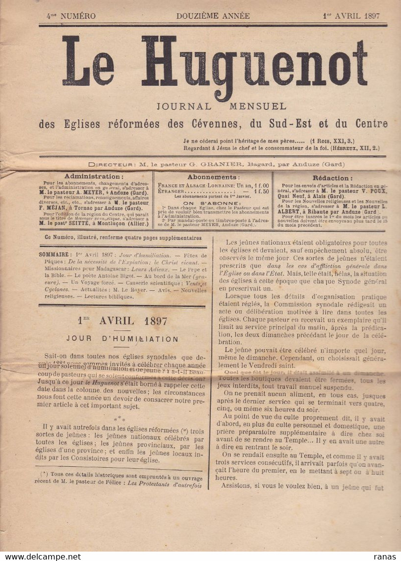 Revue Journal Le Huguenot Protestantisme Protestant Cévennes Lozère Gard Drome Ardèche Nimes Etc... - 1850 - 1899