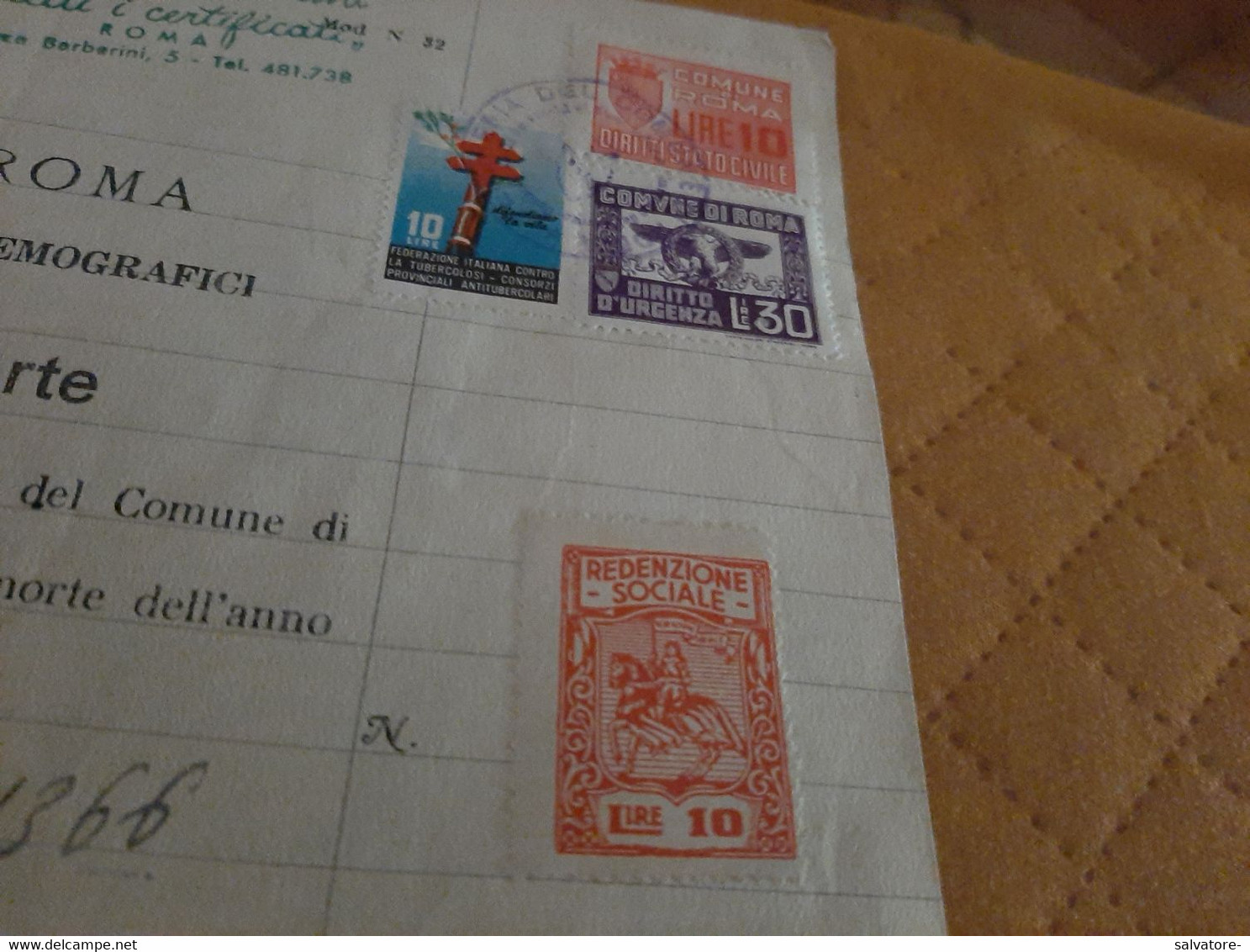MARCA DA BOLLO L.10 REDENZIONE SOCIALE + 10 L.CONTRO LA TUBERCOLOSI + L. 10 E 20 DIRITTI D'URGENZA  COMUNE DI  ROMA 1955 - Revenue Stamps