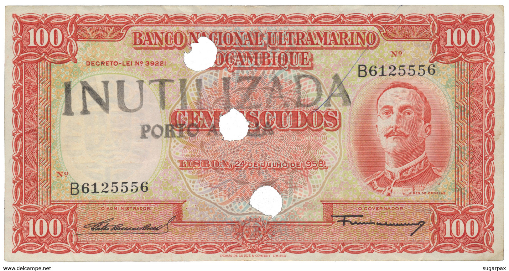 Mozambique - 100 Escudos - 24.07.1958 - Pick 107 - Canceled With Three Holes - Banco Nacional Ultramarino - Mozambique