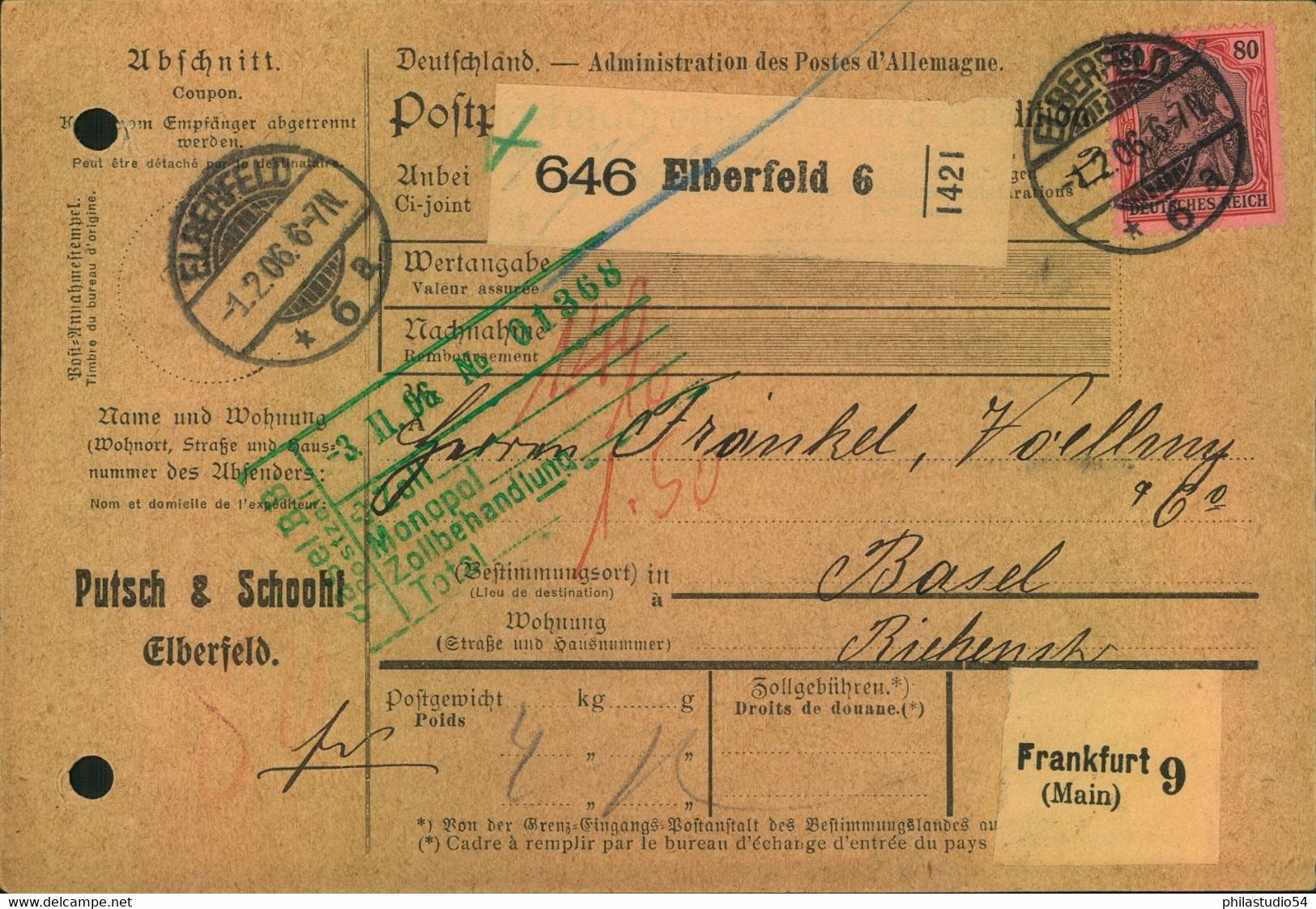 1906, 80 Pfg. Germania Als EF Auf Paketkarte Ab ELBERFELD - Autres & Non Classés